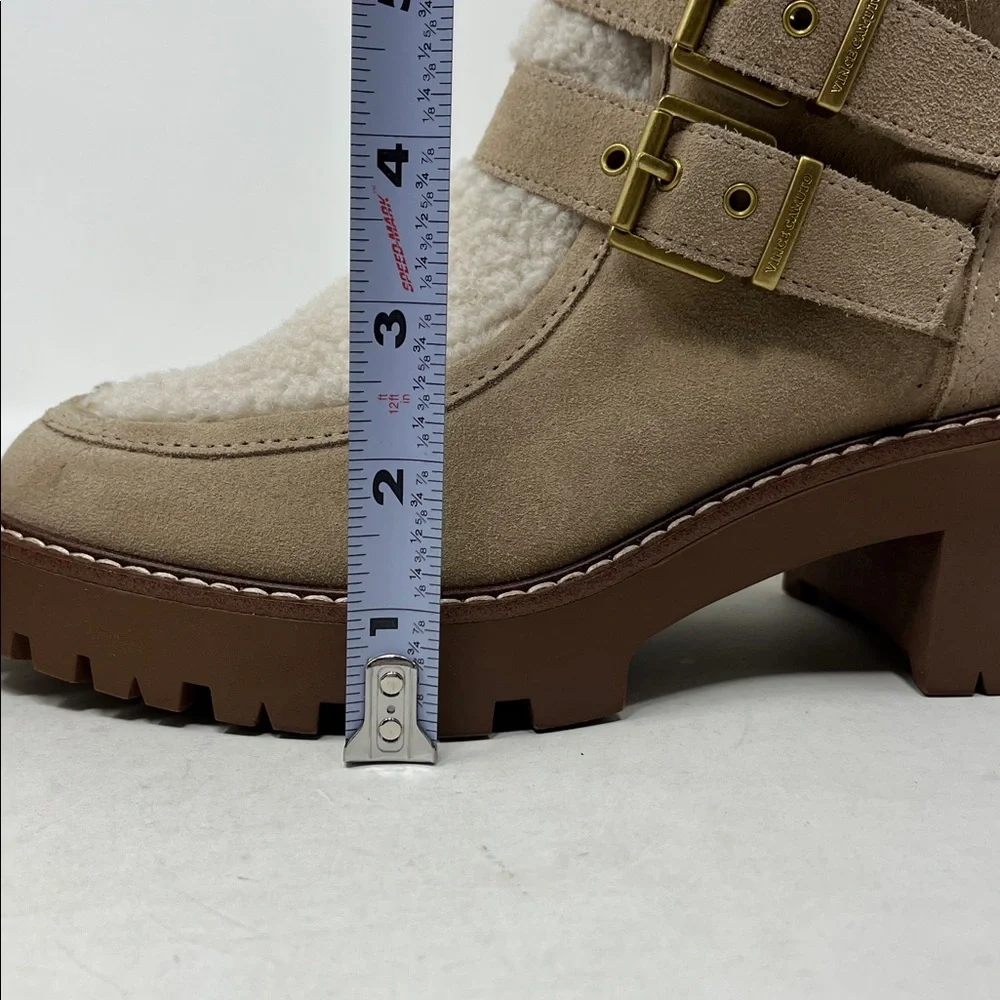 VINCE CAMUTO Destonny Cozy Buckle Booties Tan Suede and Sherpa Side Zip Sz 6 new